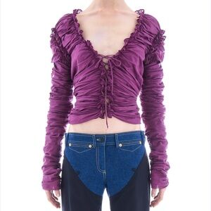 Yves Saint Laurent Rive Gauche Deep Purple Ruched Blouse Top Tie Cut Out Sz 34